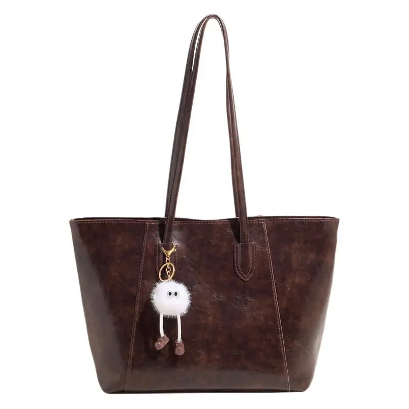 Retro Brown Leather Shoulder Bag with Pom Pom Charm - Image 13