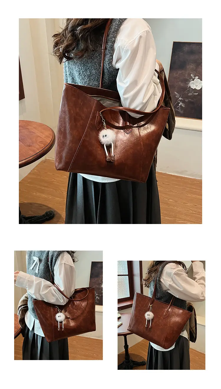 Retro Brown Leather Shoulder Bag with Pom Pom Charm — feature 13