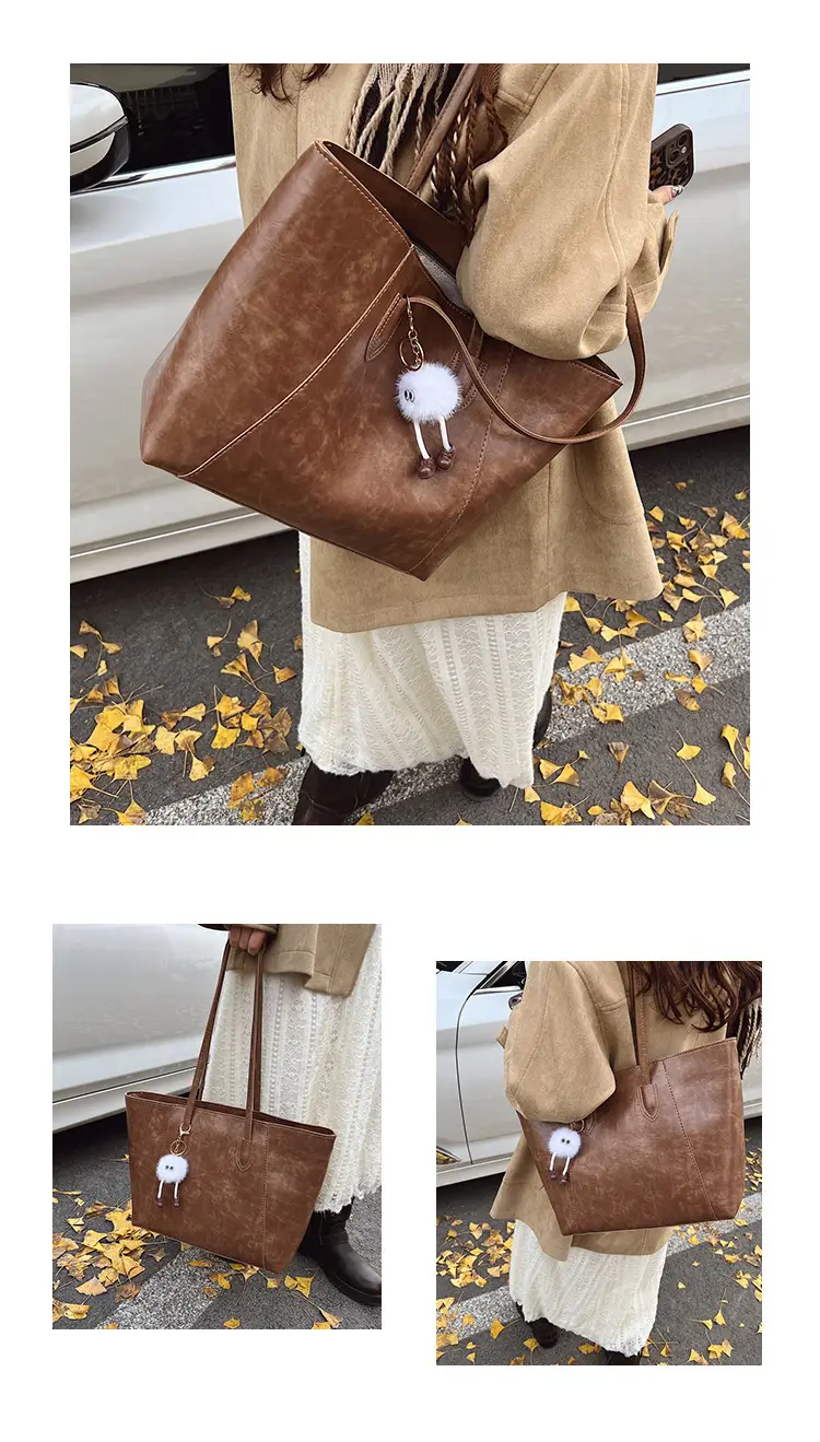 Retro Brown Leather Shoulder Bag with Pom Pom Charm — feature 14