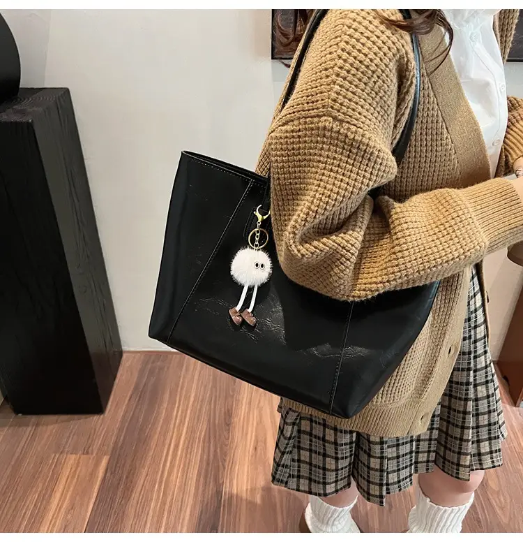 Retro Brown Leather Shoulder Bag with Pom Pom Charm — feature 29