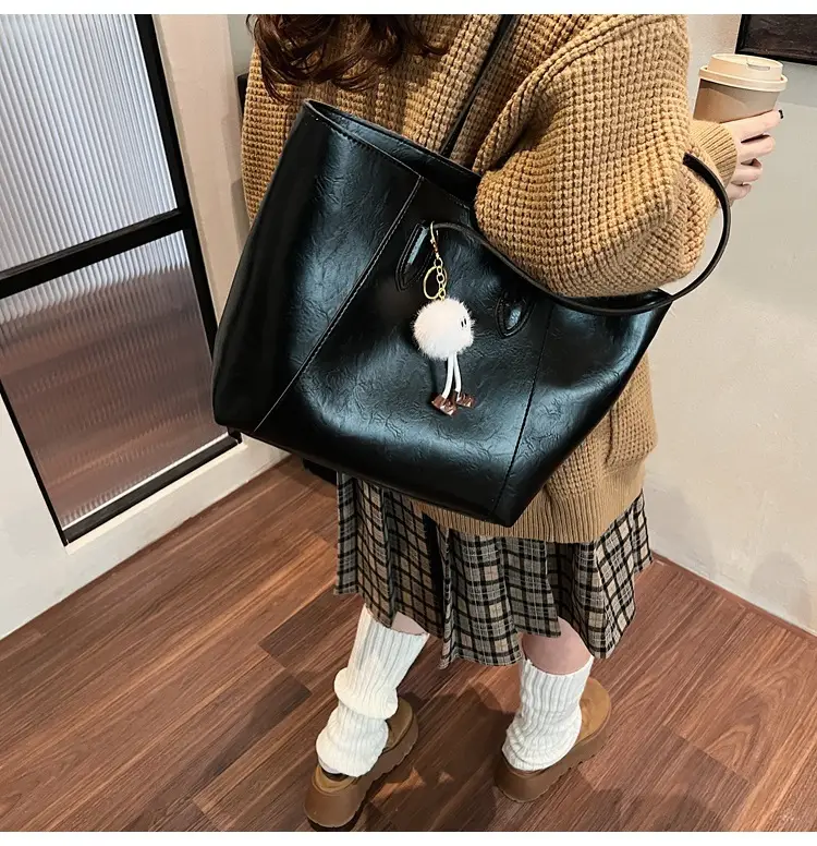Retro Brown Leather Shoulder Bag with Pom Pom Charm — feature 30