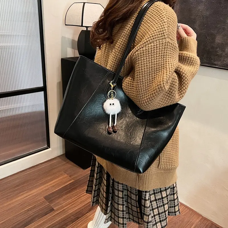Retro Brown Leather Shoulder Bag with Pom Pom Charm - Image 5