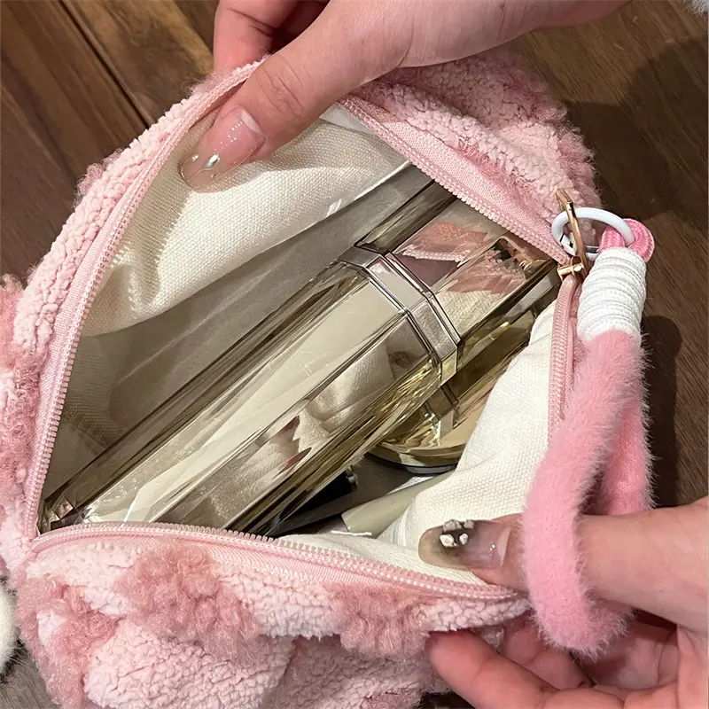 Pink Plush Cosmetic Storage Bag Travel Wash — feature 9