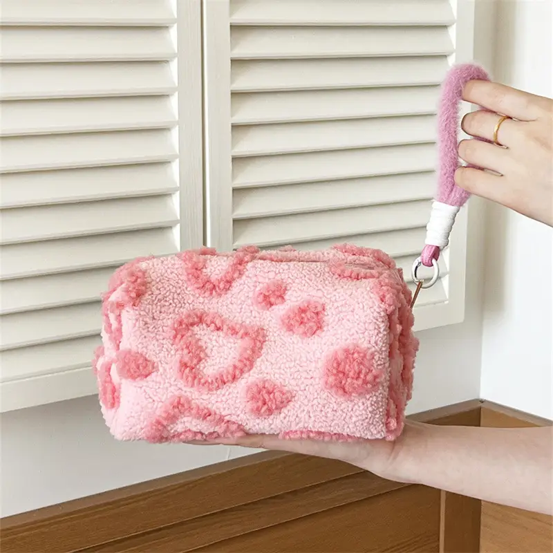 Pink Plush Cosmetic Storage Bag Travel Wash