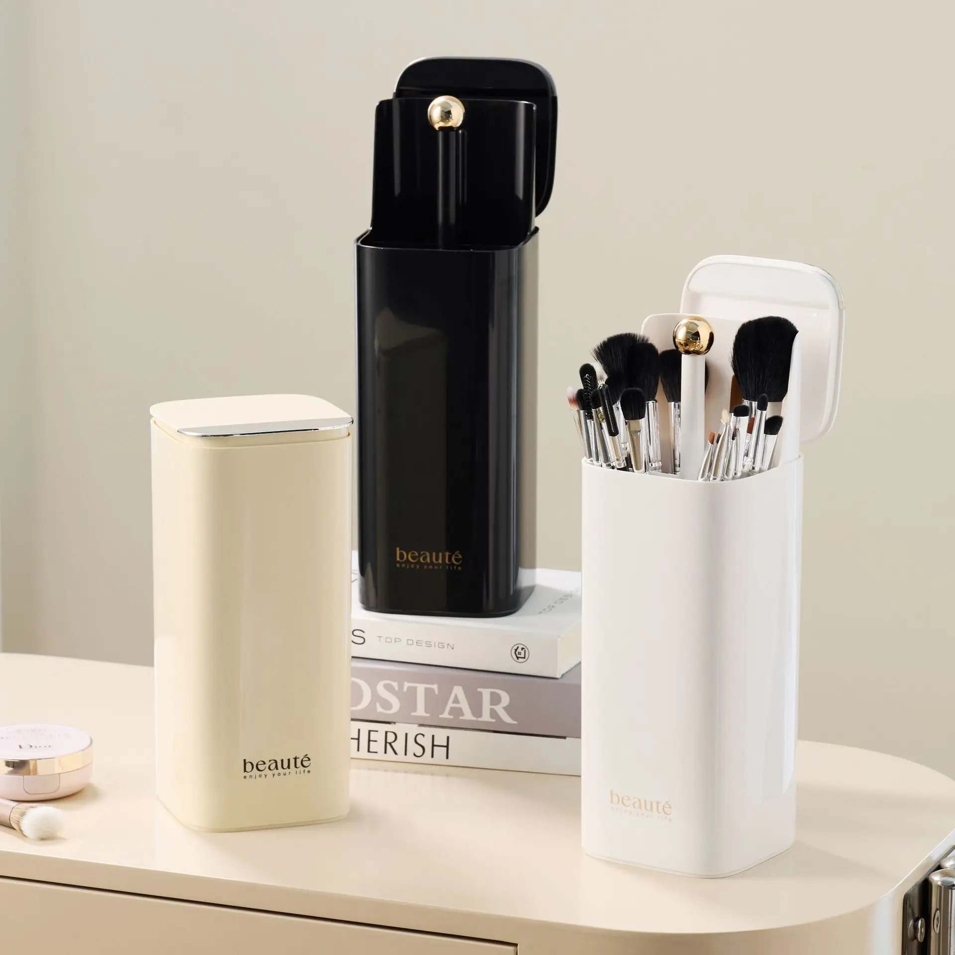 White Makeup Brush Storage Box with Gold Lid