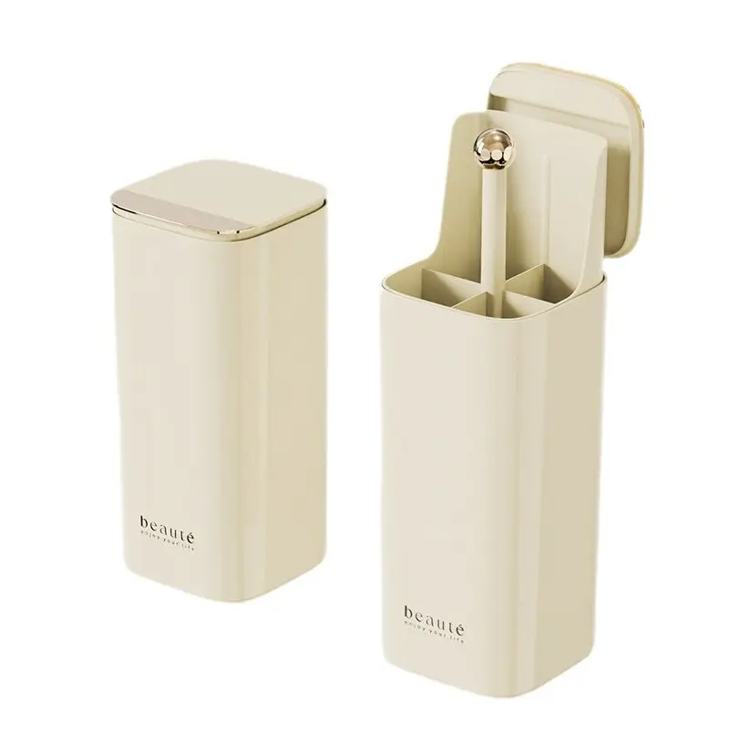 White Makeup Brush Storage Box with Gold Lid