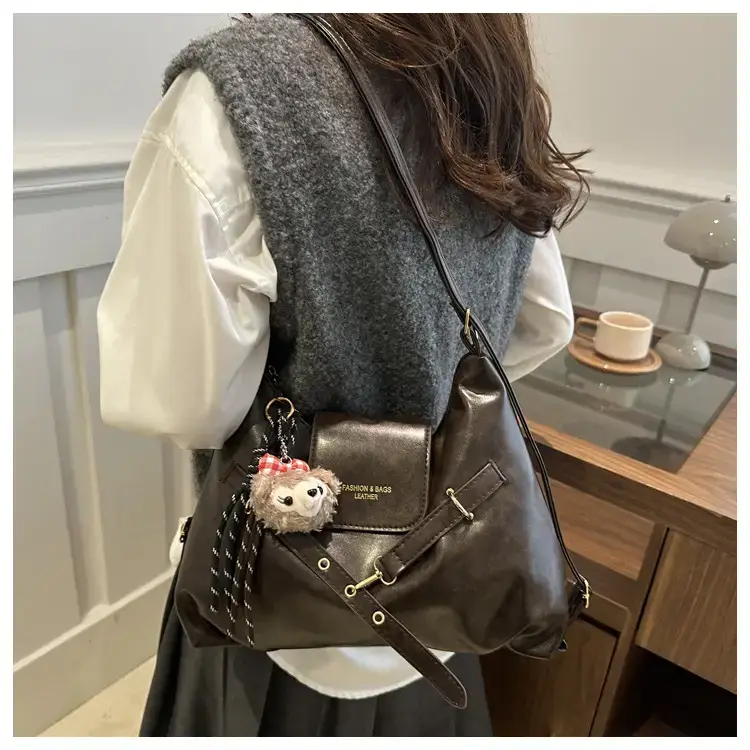 Brown Leather Women's Tote Bag with Metal Buckle — feature 13