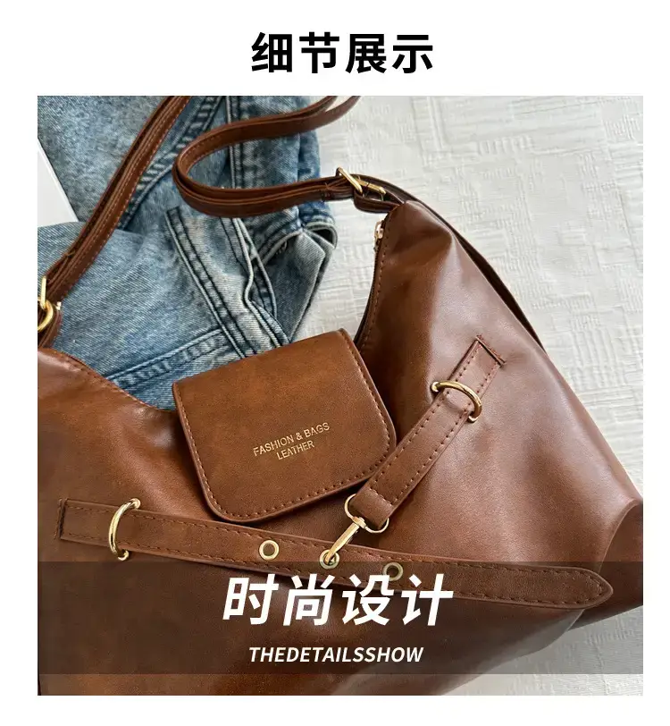 Brown Leather Women's Tote Bag with Metal Buckle — feature 2