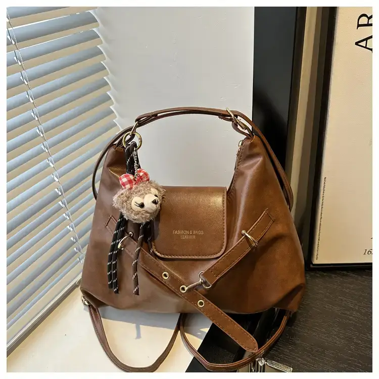 Brown Leather Women's Tote Bag with Metal Buckle — feature 24