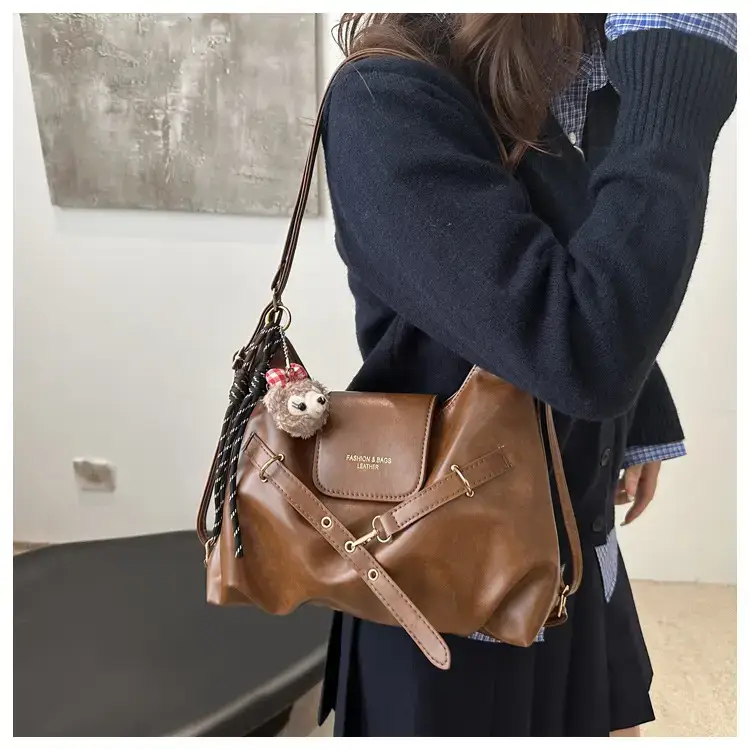 Brown Leather Women's Tote Bag with Metal Buckle — feature 8