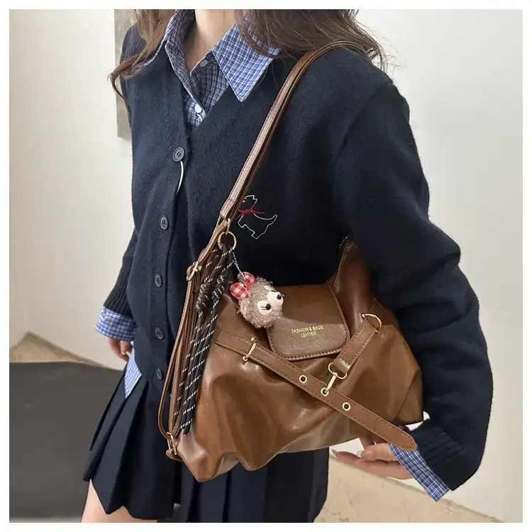 Brown Leather Women's Tote Bag with Metal Buckle — feature 9