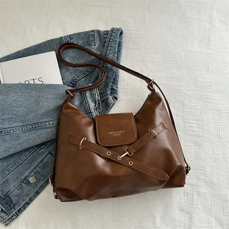 Brown Leather Women's Tote Bag with Metal Buckle - Image 3