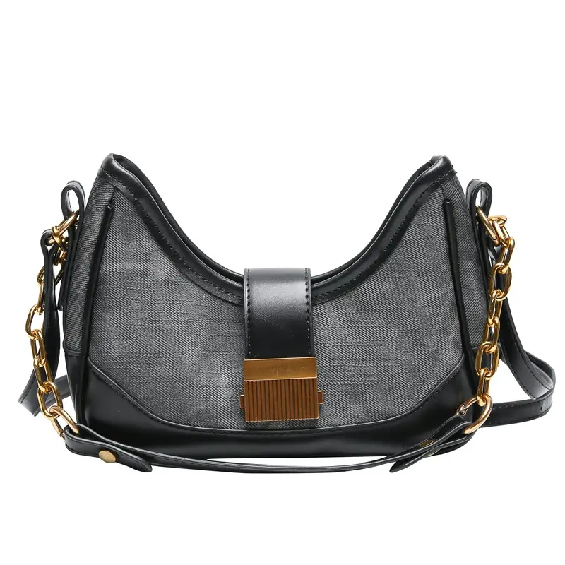 Vintage Black Crossbody Bag with Gold Chain & Leather Strap - Image 9