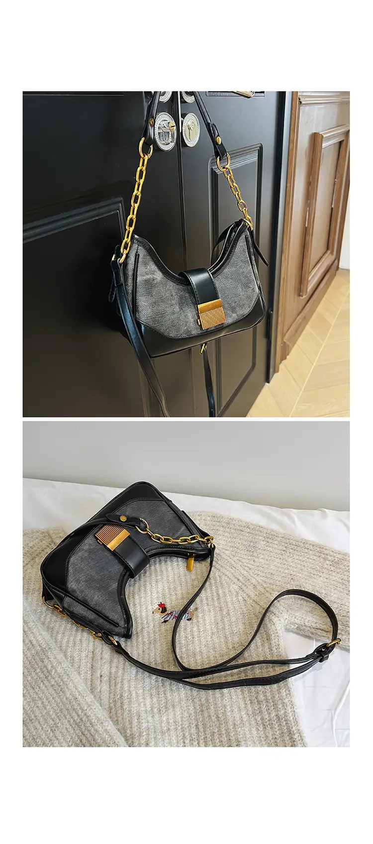 Vintage Black Crossbody Bag with Gold Chain & Leather Strap — feature 25