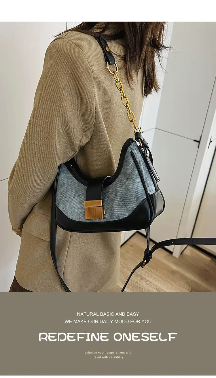 Vintage Black Crossbody Bag with Gold Chain & Leather Strap — feature 3
