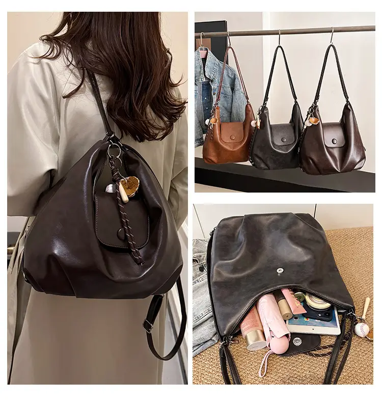 Women's Retro Brown Shoulder Bag with Long Strap — feature 14