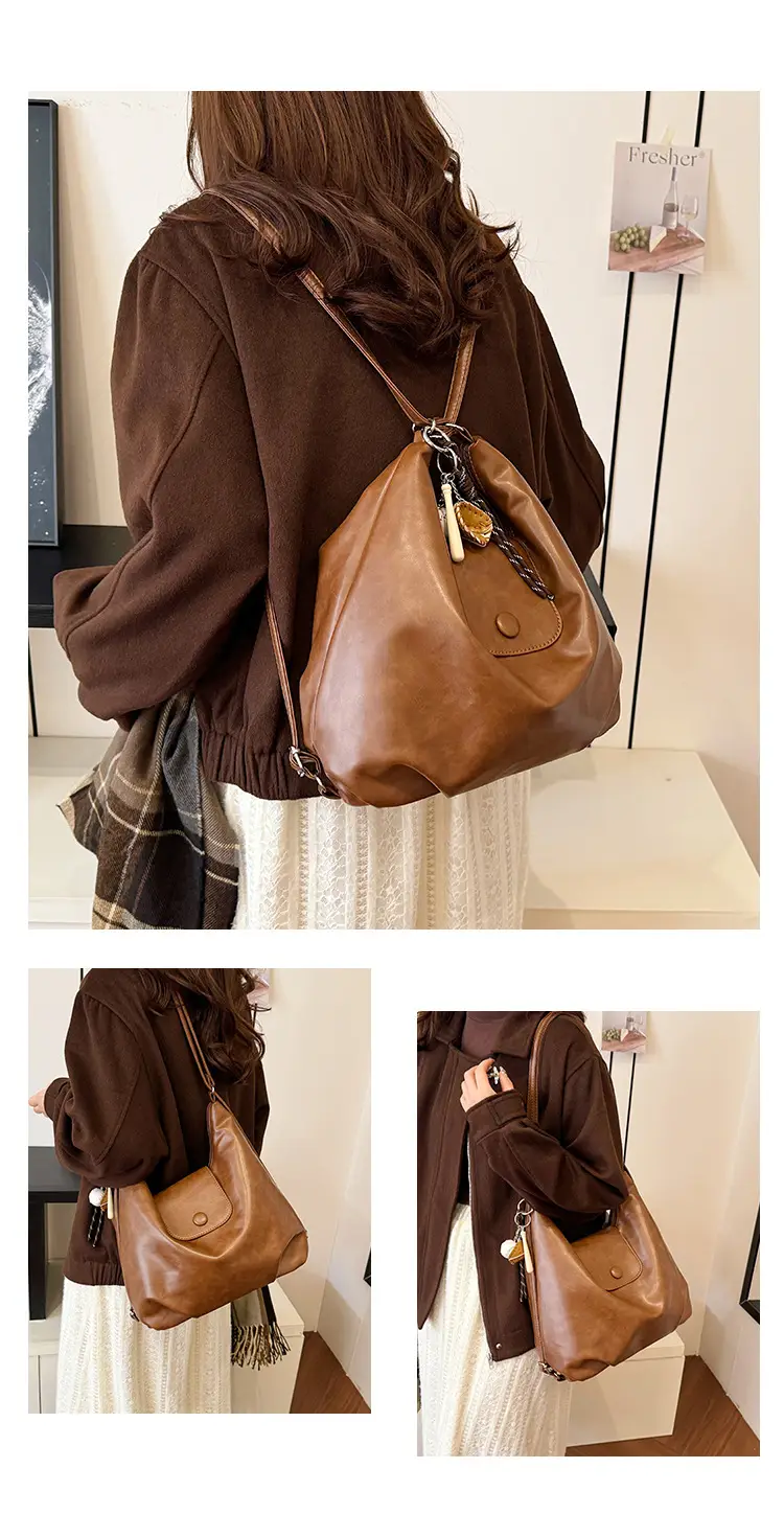 Women's Retro Brown Shoulder Bag with Long Strap — feature 16