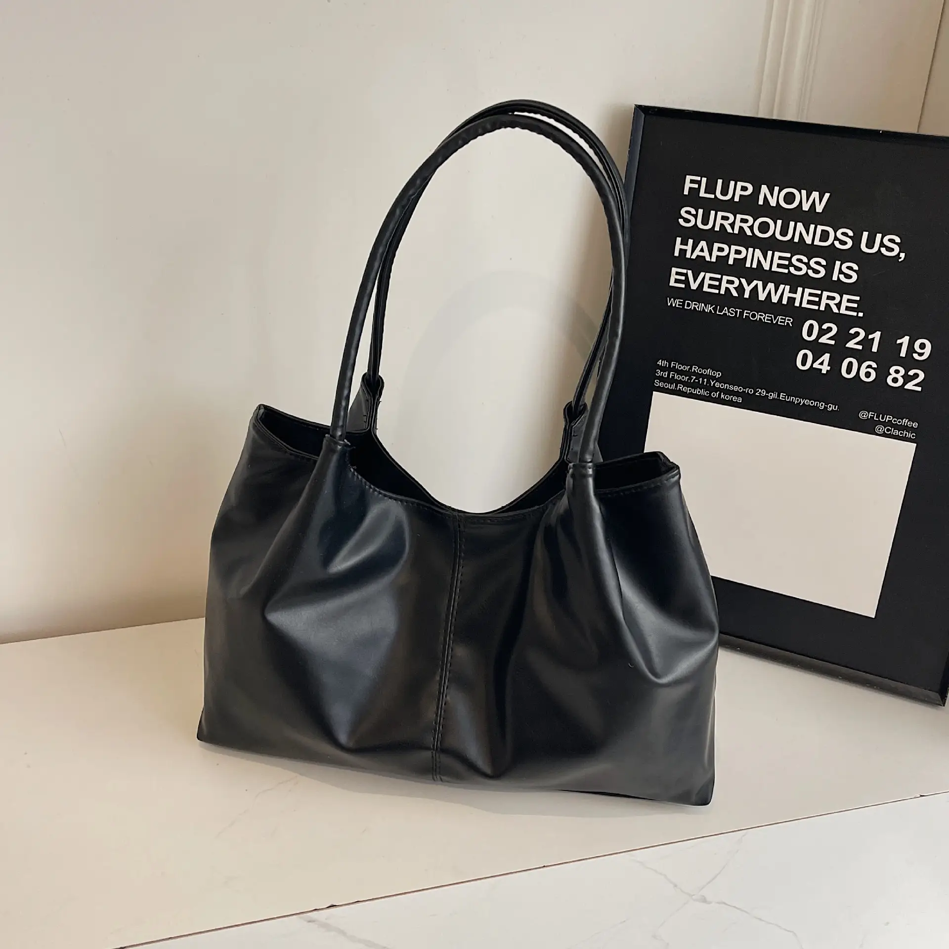 Black Leather Tote Bag for Daily Commute & School - Image 2