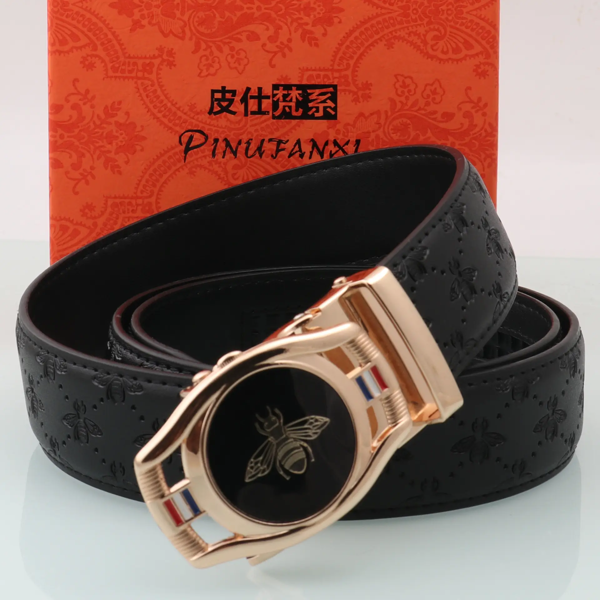 Hongsheng Bee Men's Genuine Leather Belt with Gold Buckle - Image 5