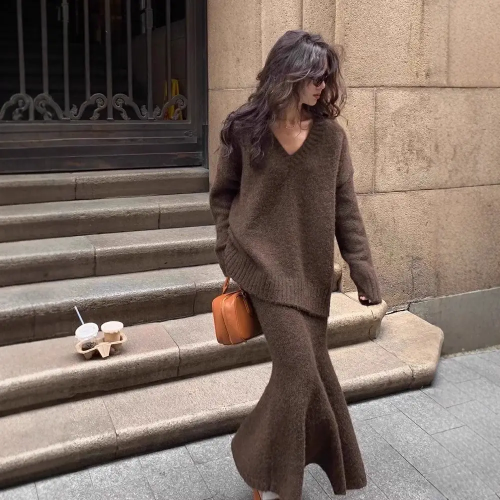 Lazy Style Sweater Suit Skirt for Women Autumn and Winter V Neck Pullover Knitted Top Half Skirt Fashion Two-Piece Set