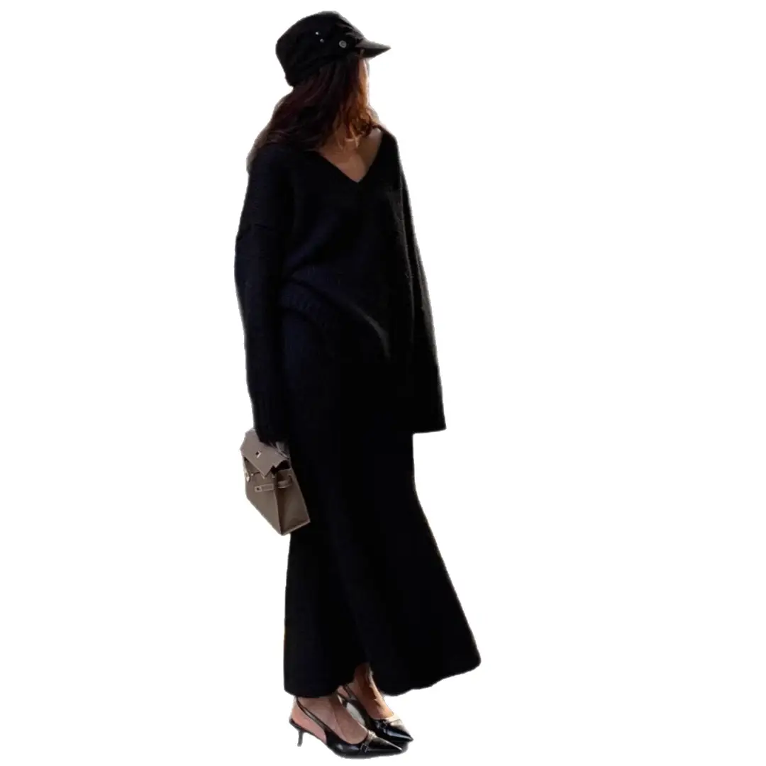 Lazy Style Sweater Suit Skirt for Women Autumn and Winter V Neck Pullover Knitted Top Half Skirt Fashion Two-Piece Set