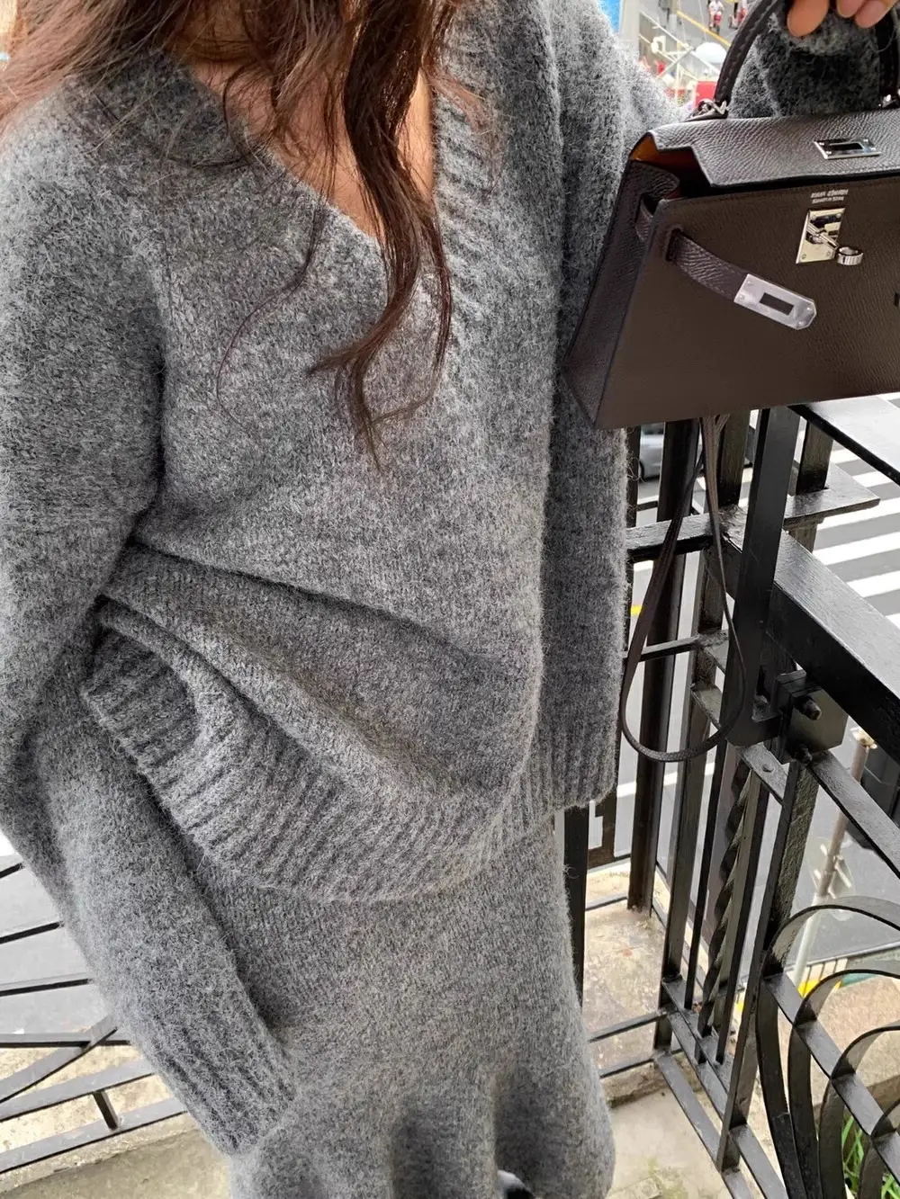Lazy Style Sweater Suit Skirt for Women Autumn and Winter V Neck Pullover Knitted Top Half Skirt Fashion Two-Piece Set — feature 20