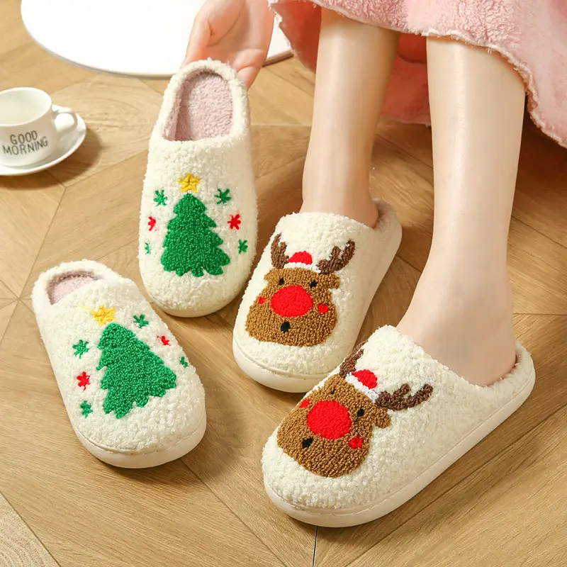 Cross-Border Export 2024 Cotton Slippers for Female Couples Autumn and Winter Fleece-Lined Christmas Warm Indoor Home Plush Men's Slippers Winter