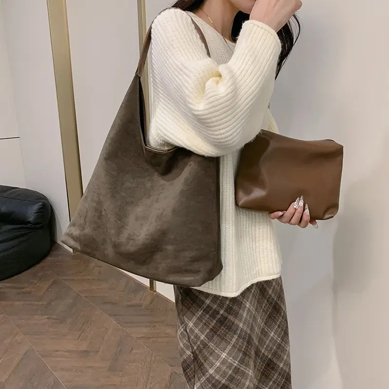 Women's Cross-Border Suede Tote Bag & Wallet Set Brown - Image 8