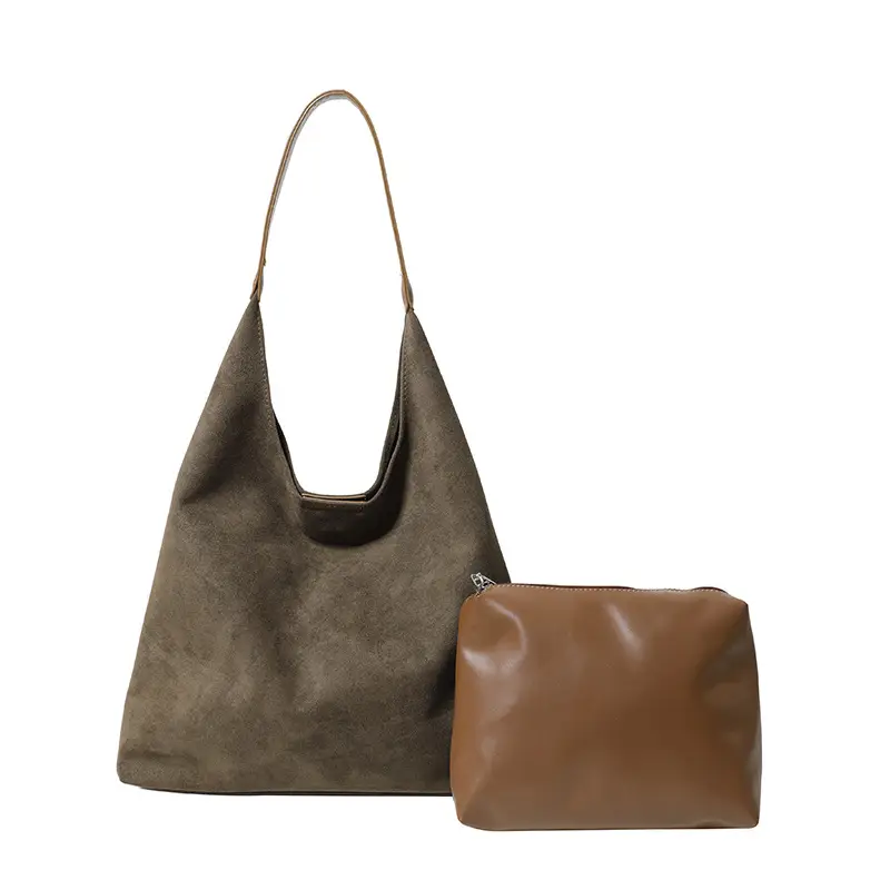 Women's Cross-Border Suede Tote Bag & Wallet Set Brown - Image 2