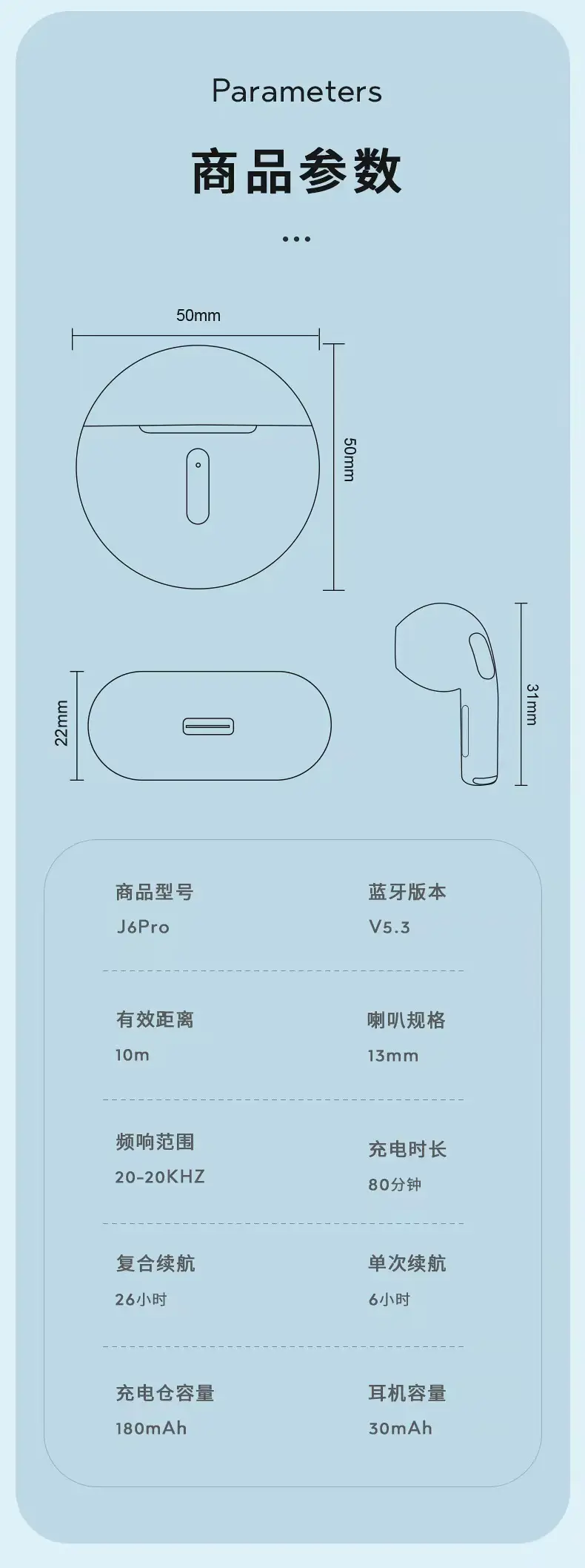 J6Pro New Wireless Tws Bluetooth Headset Classy Half-Ear Noise Reduction Headset with Super Long Battery Life for All Models — feature 20