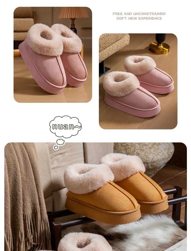 Autumn and winter new plush bag with cotton shoes warm thick solid color couples home wear comfortable snow boots women wholesale — feature 11