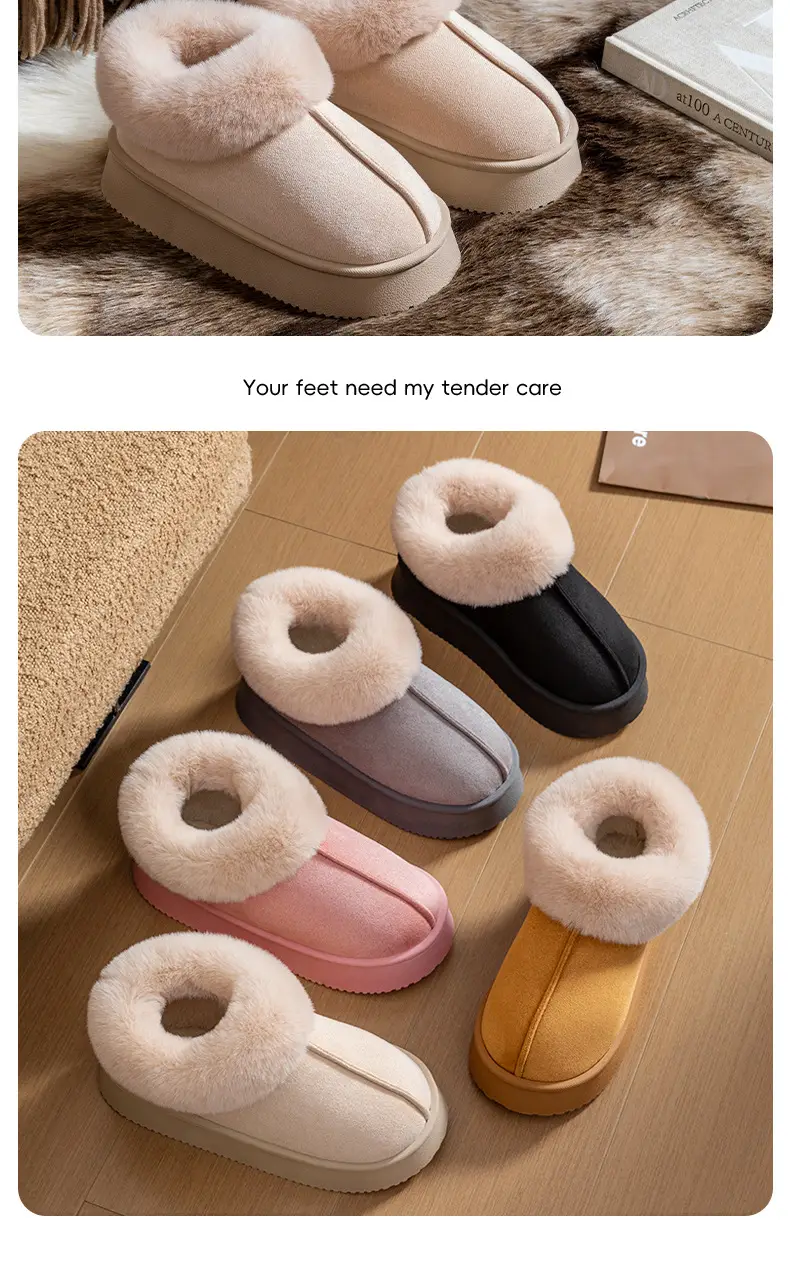 Autumn and winter new plush bag with cotton shoes warm thick solid color couples home wear comfortable snow boots women wholesale — feature 12