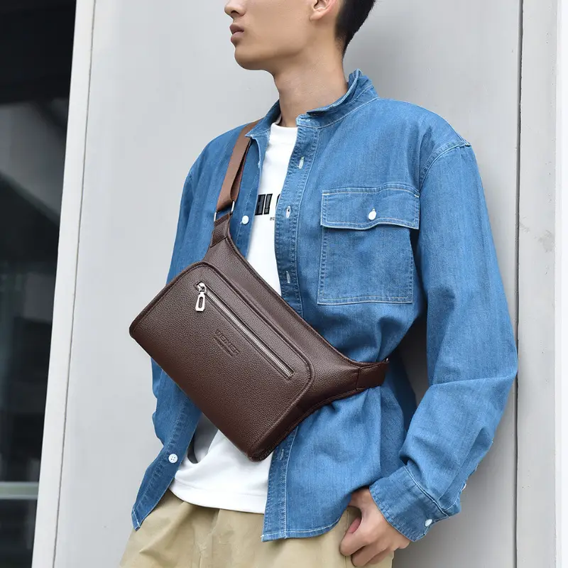 Brown Leather Crossbody Bag for Men Business Casual Large Capacity
