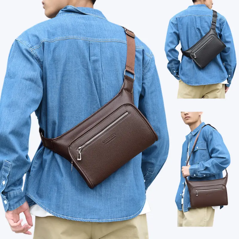 Brown Leather Crossbody Bag for Men Business Casual Large Capacity