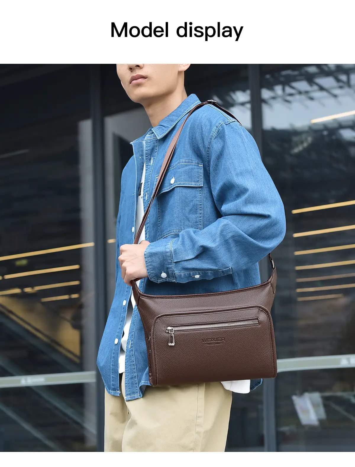 Brown Leather Crossbody Bag for Men Business Casual Large Capacity — feature 14