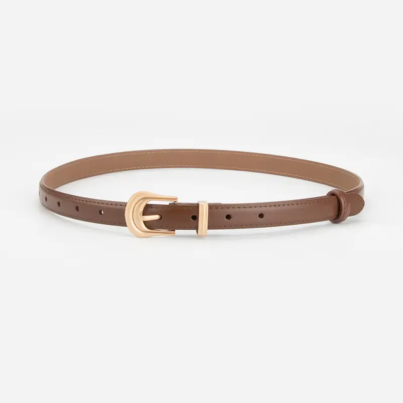 Women's Beige Leather Belt with Gold Buckle - Image 3