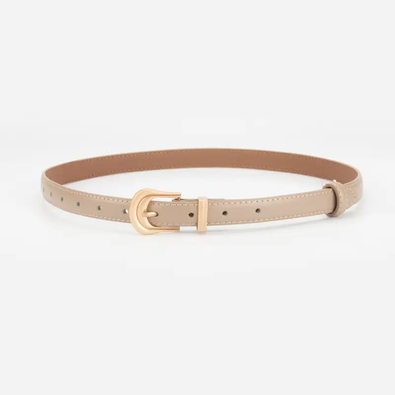 Women's Beige Leather Belt with Gold Buckle - Image 6