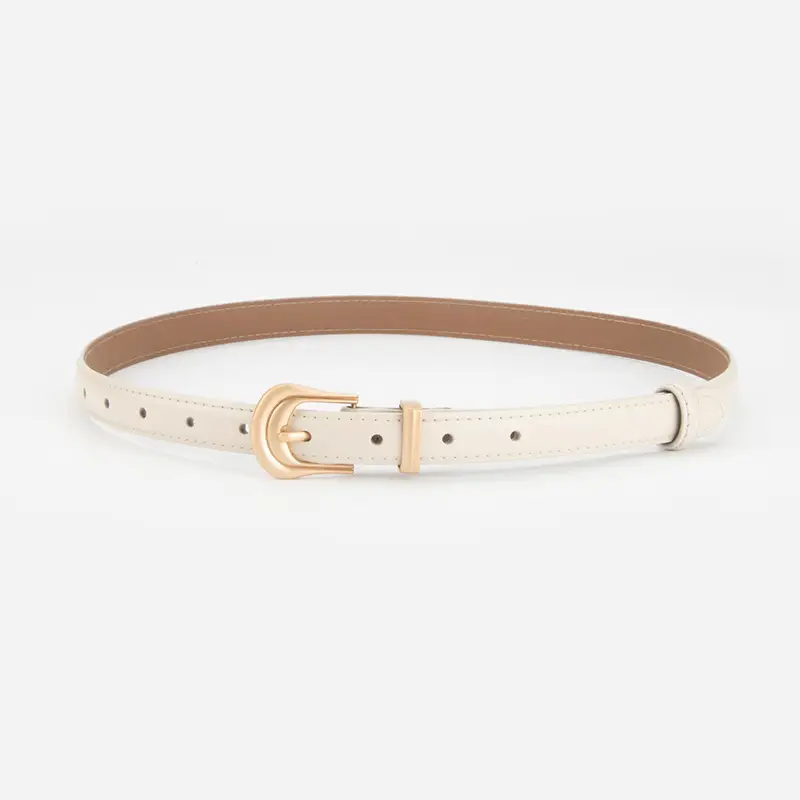 Women's Beige Leather Belt with Gold Buckle - Image 8