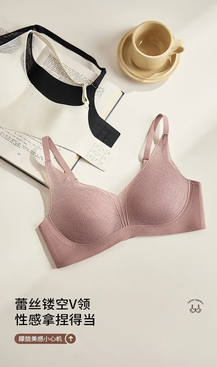 Lace Hollow Push Up Bra Deep V Mulberry Silk — feature 8
