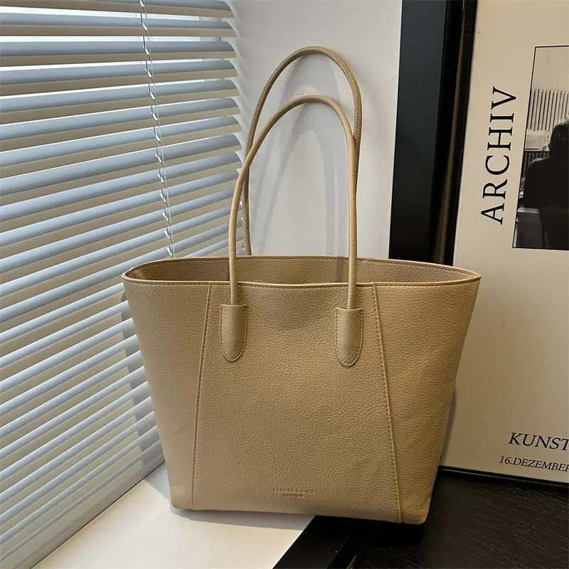 Large Capacity Soft Leather Tote Bag Beige 2024 - Image 6