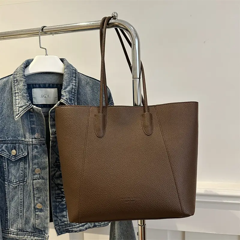 Large Capacity Soft Leather Tote Bag Beige 2024 - Image 8