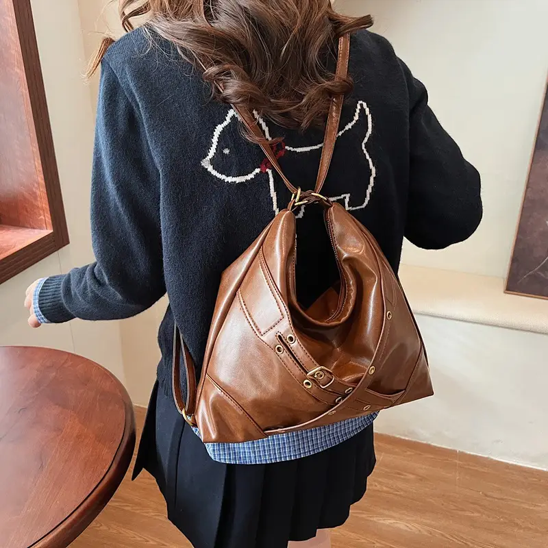 Women's Retro Brown Shoulder Backpack 2024 New Commuter Tote - Image 3