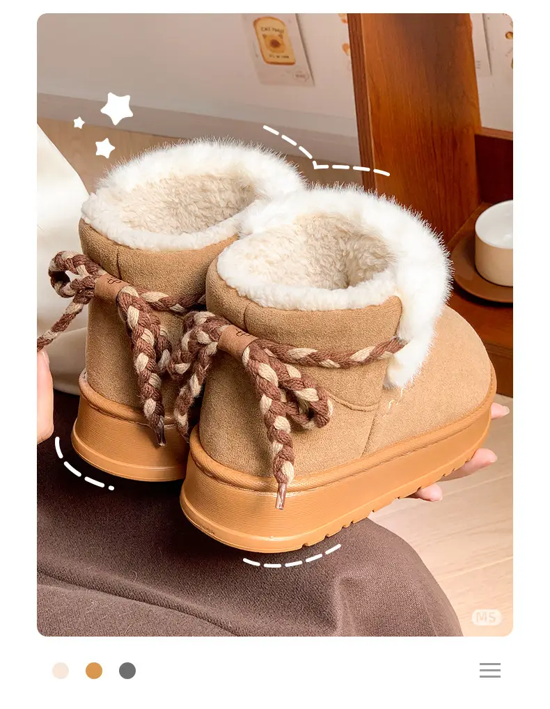 24 New Winter All-inclusive Cotton Slippers Thick Sole fleece-lined Snow Boots Bow Strap Outer Wearing Heightened Warm Cotton Shoes — feature 3