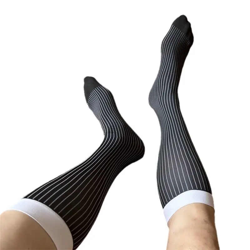 Men's Mid-Length Colorful Striped White Business Formal Nylon Socks in Japanese Style