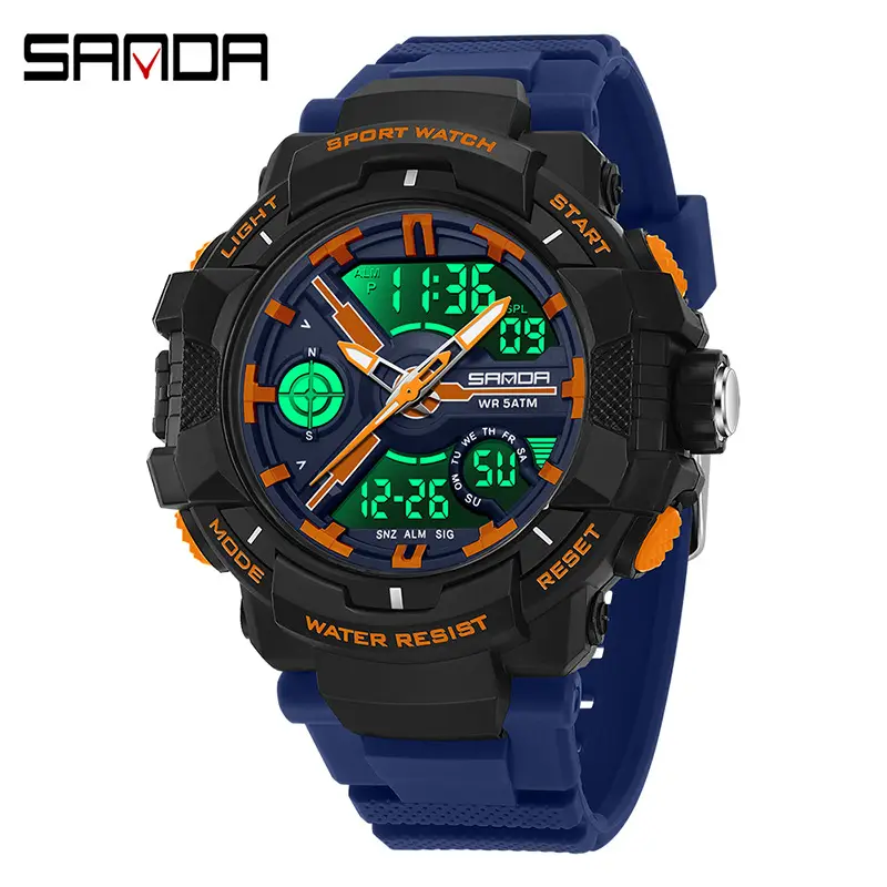 Sanda Black Dual Display Waterproof Sports Watch