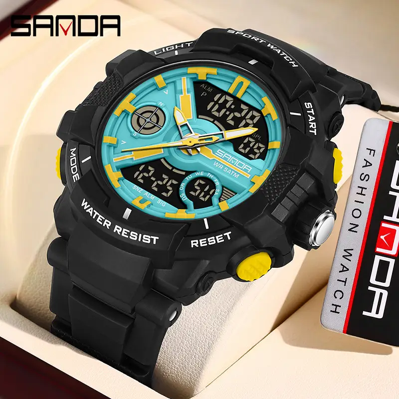 Sanda Black Dual Display Waterproof Sports Watch