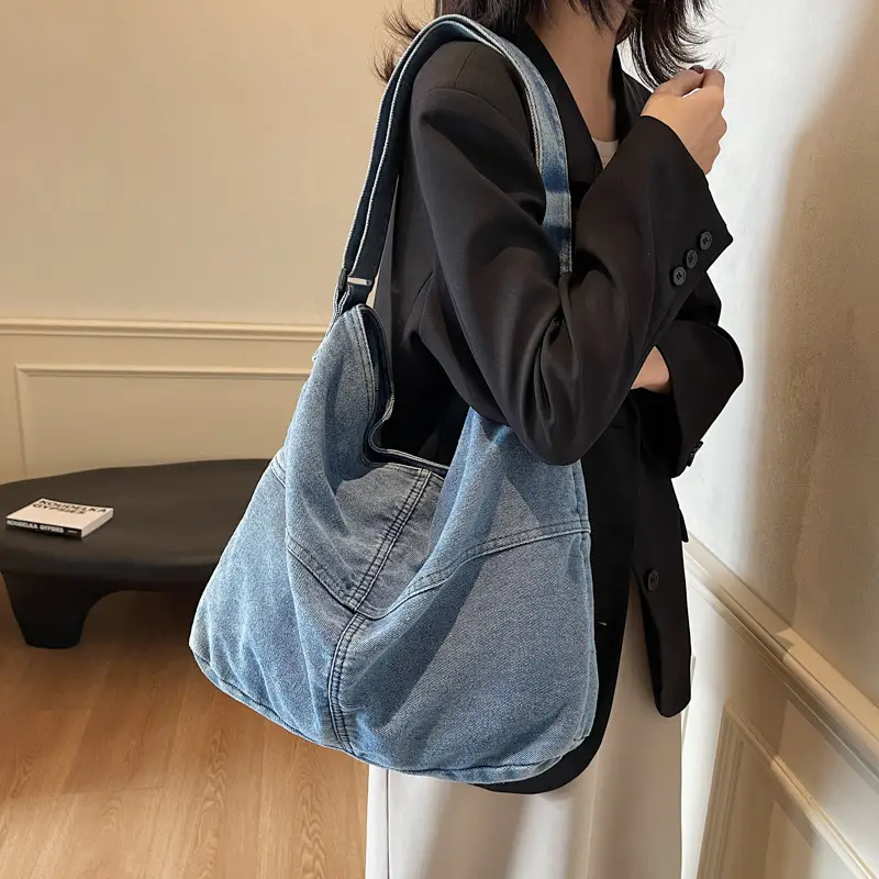 Washed Denim Crossbody Bag Large Capacity Korean Style - Image 3