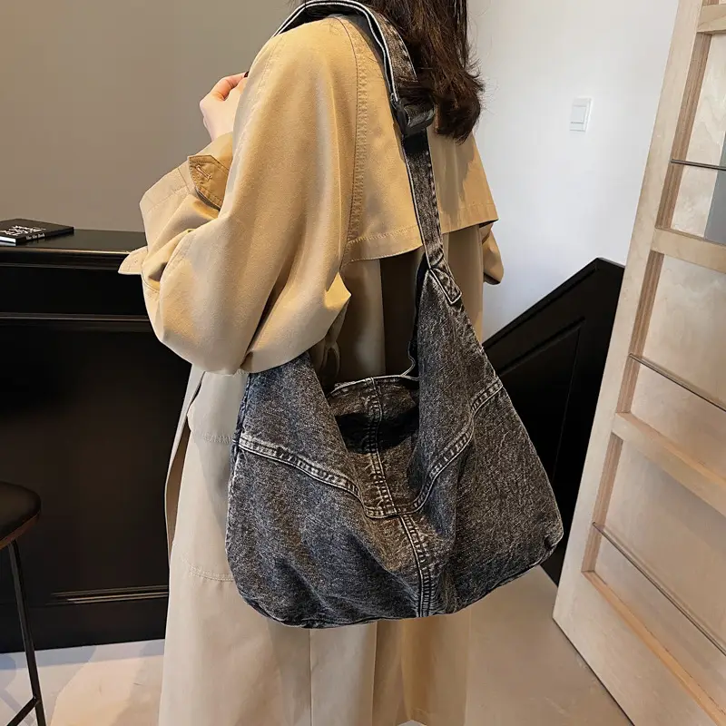 Washed Denim Crossbody Bag Large Capacity Korean Style - Image 5