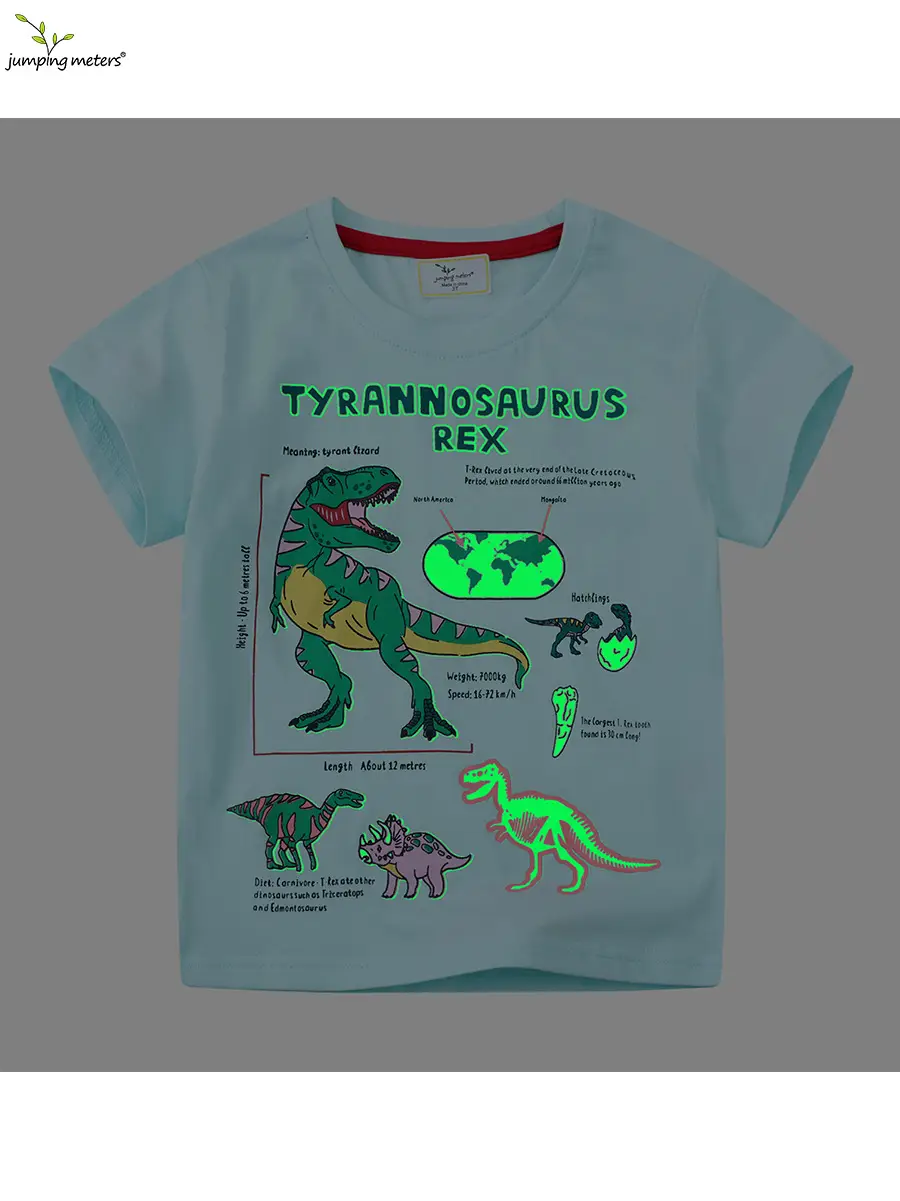 Boy's Cotton Dinosaur Shirt Light Blue Summer Round Neck - Image 2