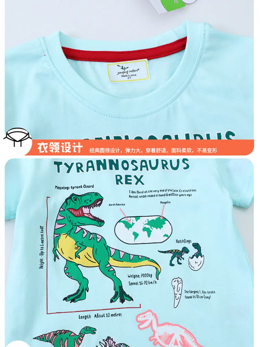 Boy's Cotton Dinosaur Shirt Light Blue Summer Round Neck - Image 4